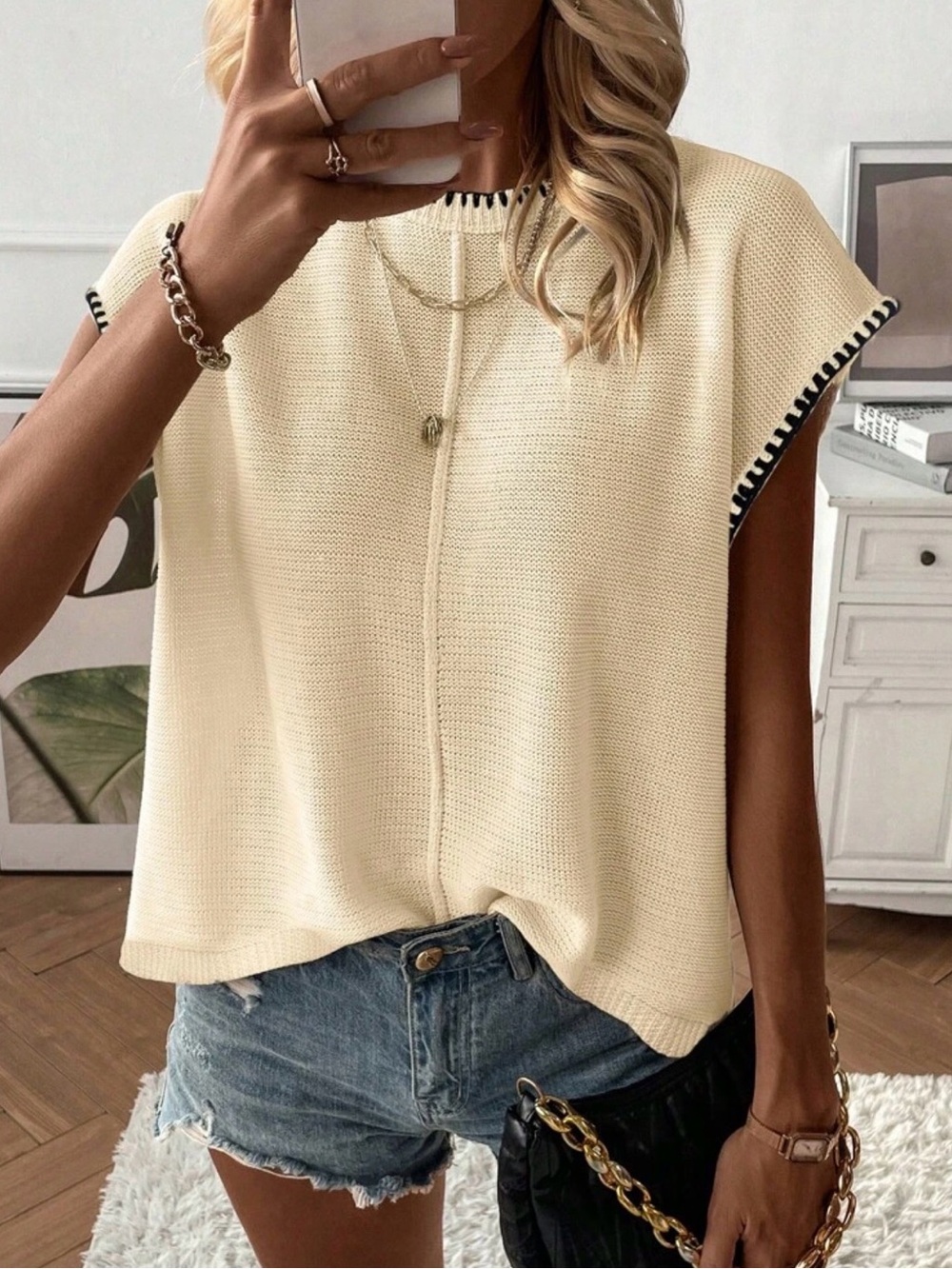 SHEIN Cream Knit Tank with Black Trim